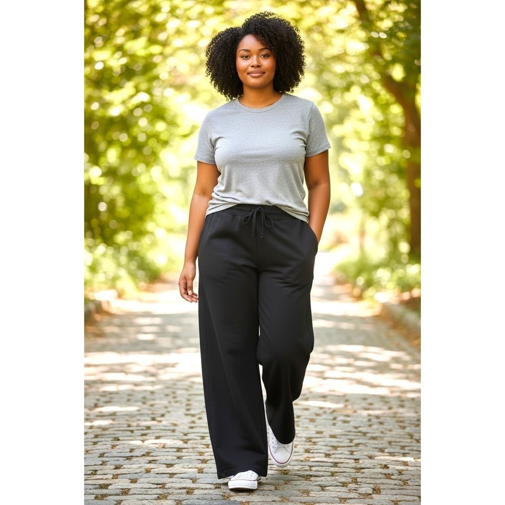 (E-149)LOGO Lounge Black Wide Leg Pants Women's XL Drawstring Soft Casual QVC Co